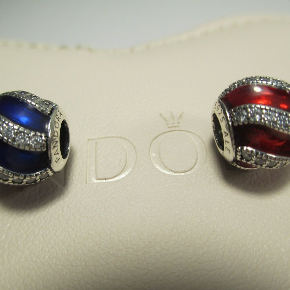 Set 2 Sparkling Ornaments Red & Blue Pandora Charms After Christmas Clearance